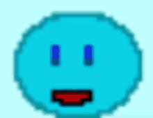 a pixel art of a blue smiley face with a red tongue sticking out .