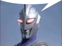 a cartoon character with red eyes and a speech bubble