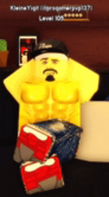 a yellow roblox character with a beard is sitting on a couch next to a stack of books .