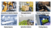 a collage of images with the words automation & robotics industry packaging industry medical industry agriculture industry and machine tooling industry