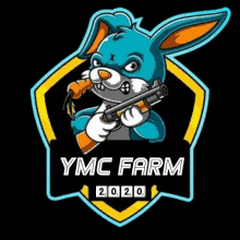 a logo for ymc farm 2020 with a rabbit holding a gun and a carrot in its mouth .