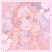 a picture of a girl with a butterfly in her hair is surrounded by pink hearts