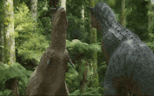 a couple of dinosaurs are standing next to each other in the woods .