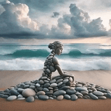 a statue of a woman sitting on a pile of rocks on the beach