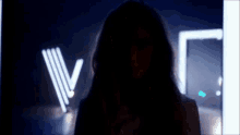 a woman with long hair is standing in front of a sign that says lv