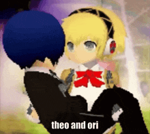 a man is carrying a girl in his arms and the words theo and ori are on the bottom of the image .