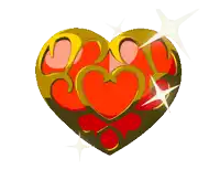 a gold and red heart with sparkles coming out of it