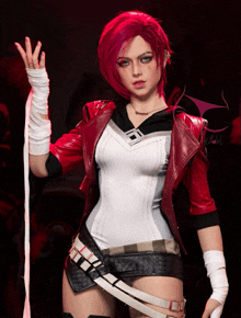 a woman with red hair is wearing a costume that says ' cosplay ' on it