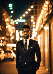 a man in a suit and tie stands in front of a green sign that says ' c ' on it