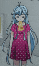 a girl with blue hair and a pink polka dot dress holds a piece of cheese in her mouth