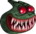 a cartoon frog with red eyes and huge teeth .