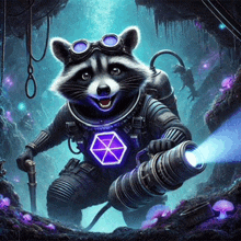 a raccoon in a space suit holding a flashlight