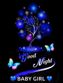 a greeting card that says good night baby girl with a tree and butterflies