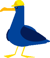 a blue bird is wearing a yellow hard hat