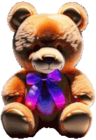 a teddy bear with a purple bow on its neck