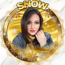 a picture of a woman with snowflakes around her and the word snow above her