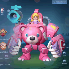 a pink teddy bear with a girl sitting on top of it