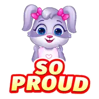 a cartoon rabbit with pink bows on her ears is standing next to a sign that says " so proud "