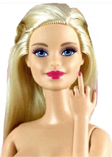 a blonde barbie doll with blue eyes and pink lips