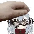 a hand is putting a donut on top of a cartoon girl with glasses .