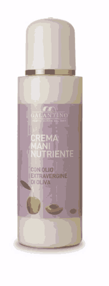 a bottle of crema mani nutriente with olives and almonds on the label