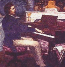 a painting of a man playing a piano in a chair .