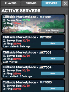 a list of active servers including cliffside marketplace mkt001 and cliffside marketplace mkt002