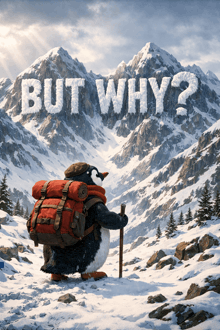 a picture of a penguin with a backpack and a stick with the words but why written above it