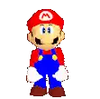 a pixel art of mario wearing overalls and a red hat is standing on a white background .