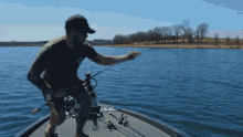 a man on a boat holding a fishing rod in his hand