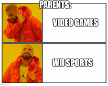 a man in an orange jacket is making a meme about parents video games and wii sports