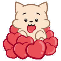 a cartoon cat is sticking its tongue out while surrounded by hearts