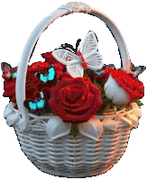 a basket filled with red roses and blue butterflies