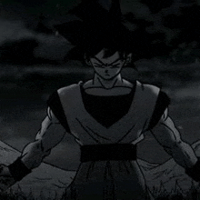 a black and white drawing of a man in a dragon ball z outfit holding a sword .