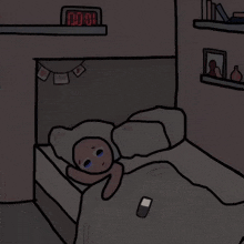 a cartoon drawing of a person laying in bed with a clock that says 10:01