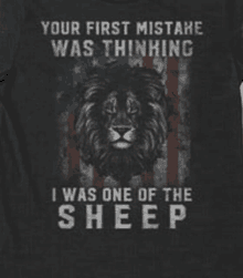 a black t-shirt with a lion and the words " your first mistake was thinking i was one of the sheep "