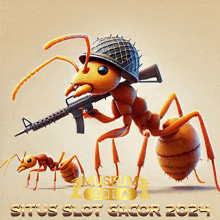 an advertisement for situs slot gacor 2024 with a cartoon ant holding a gun