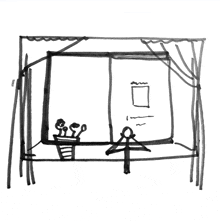 a black and white drawing of a window with a vase of flowers