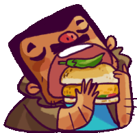 a cartoon of a man eating a sandwich with a green pepper on top