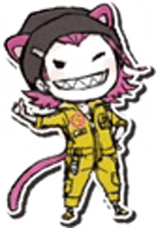 a cartoon of a girl in a cat costume with a pink tail .