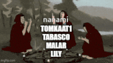 a cartoon of three women sitting around a fire with the name nanami on the bottom