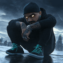 a man wearing a black hoodie and a beanie with glowing eyes