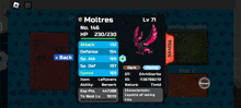 a screenshot of a game showing moltres 's stats