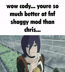 a girl with purple hair is holding a flower in her hand