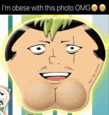 a cartoon of a man 's face with green hair and a large butt .