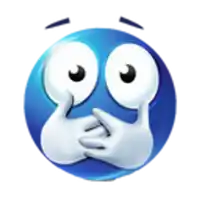 a blue smiley face with big eyes and white hands covering its mouth