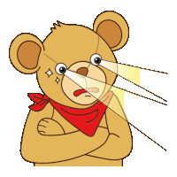 a teddy bear with a red scarf around his neck is looking at the camera