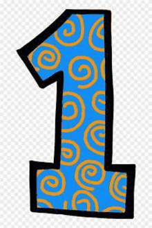 the number 1 is blue and orange with swirls on it .