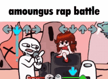 a cartoon of amongus rap battle with a girl sitting on speakers