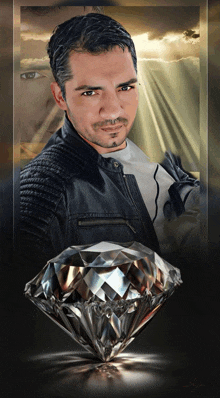 a man in a leather jacket stands in front of a diamond